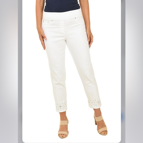 Peck & Peck White Cropped Denim Capri Jeans Stretch Tummy Lift Jeweled Cuff Sz 8 - Picture 4 of 14